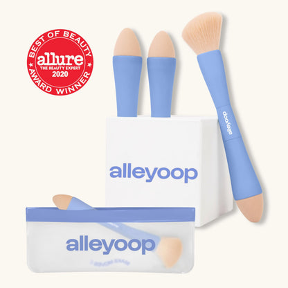 Makeup Brush Set Alleyoop Multi-Tasker 4-in-1 Travel Make Up Brush Set + Blending Sponge Refill Pack – Compact Makeup Brushes for Foundation, Blush, Bronzer, Contour, Eyeshadow, Brows & Liner