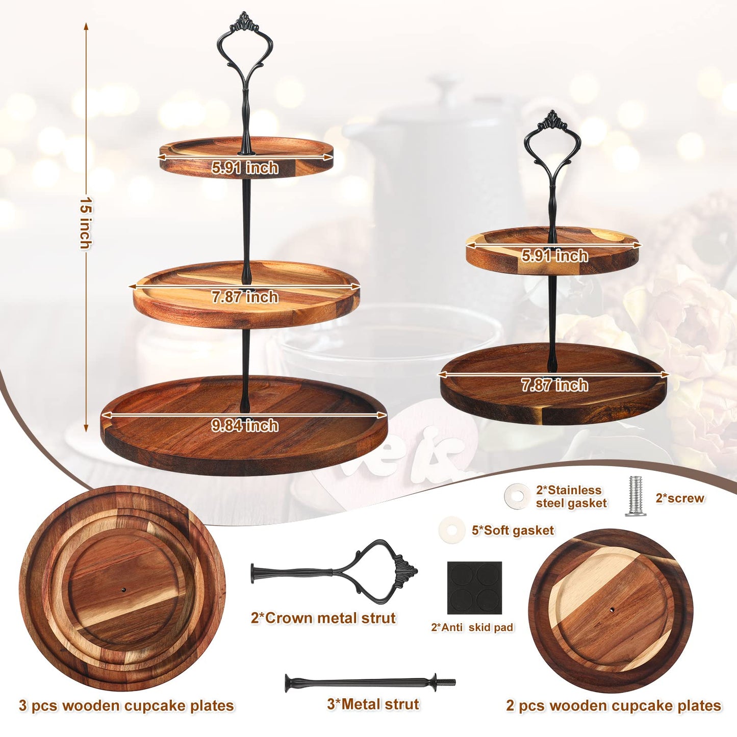 Maitys 2 Pack Wooden Cupcake Stand Rustic Cupcake Tower 3 Tier 2 Tier Holder Farmhouse Tiered Serving Tray Food Display Stands for Dessert Tea Party Wedding Birthday Kitchen Table Decorations
