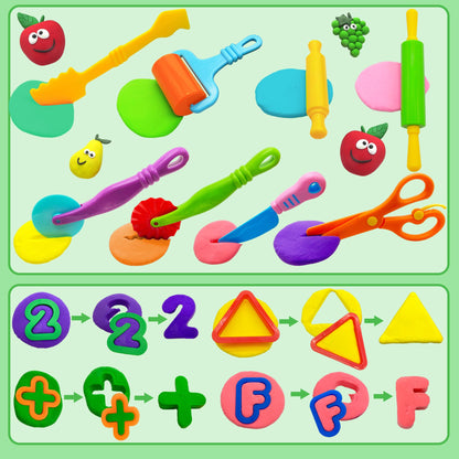 iShyan Dough Tools 55 PCS Dough Play Tools Set for Kids, Plastic Alphabet Numbers Shapes Cutters, Rollers, Scissors