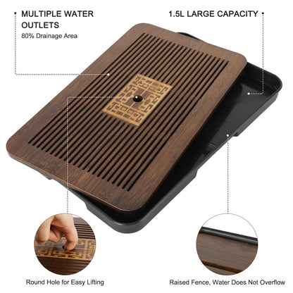 Jotsport 17 Inch Bamboo Chinese Gongfu Tea Tray with Water Storage Drainage for Kung Fu Tea Set, (Large, Black)