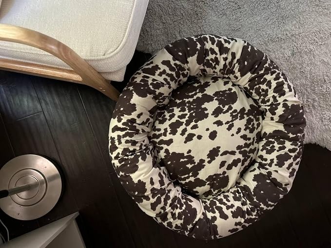 Organic Cotton Canvas Dog Bed: Removable Cover, Natural Fill - Made in USA (Cow Print Brown White, Small 24" x 7" inches)