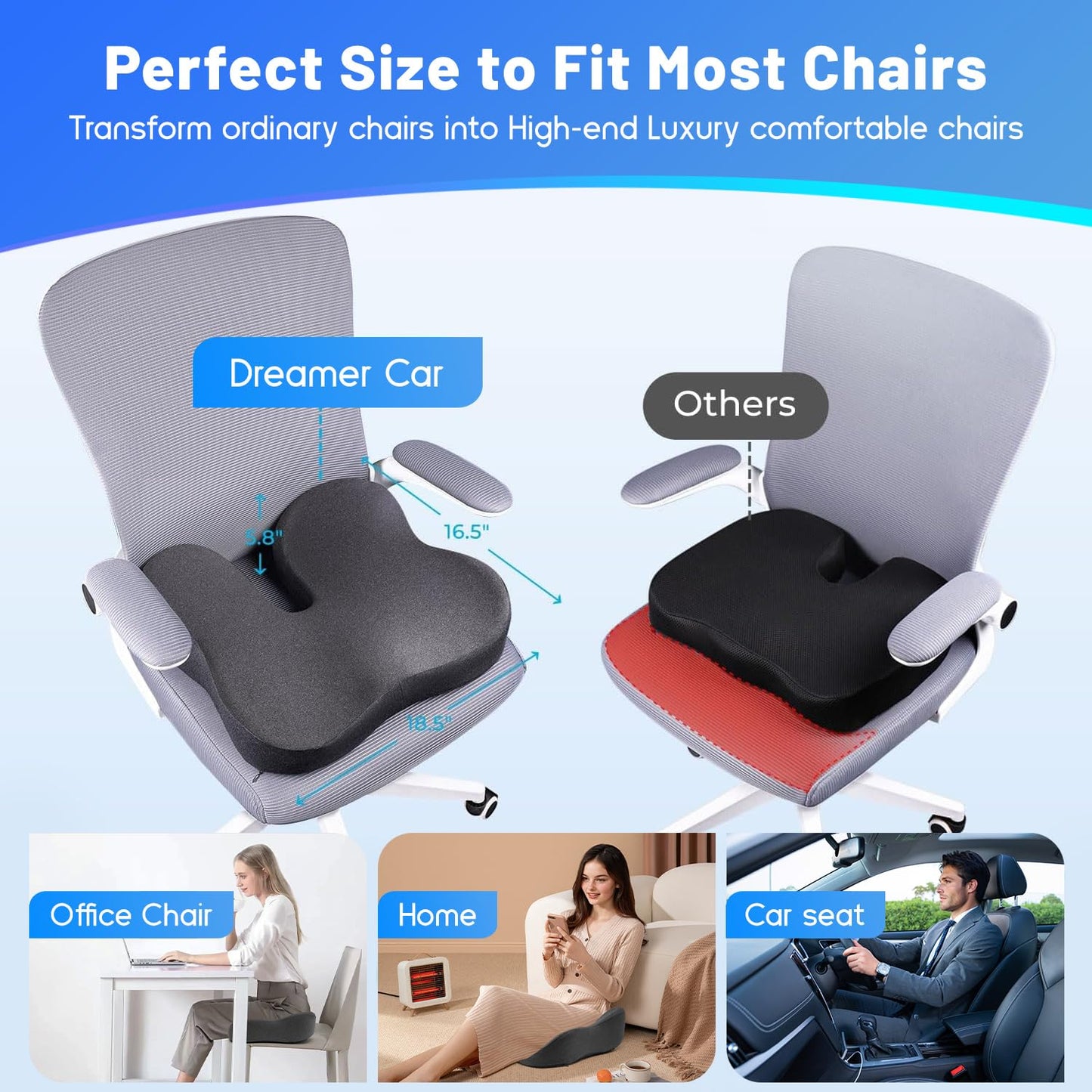 Soft Support Memory Foam Seat Cushion - Wide Cushion for Wide Hip Office Workers, Car Drivers - Sciatica,Tailbone Pain Relief,Office Chair Cushion & Car Seat Cushion (Gray)