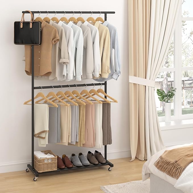 Sywhitta Double Rod Clothing Garment Rack, Rolling Coat Hanger with Bottom Mesh, Clothing Rack for Hanging Clothes, Coats, Skirts, Sweaters, Black