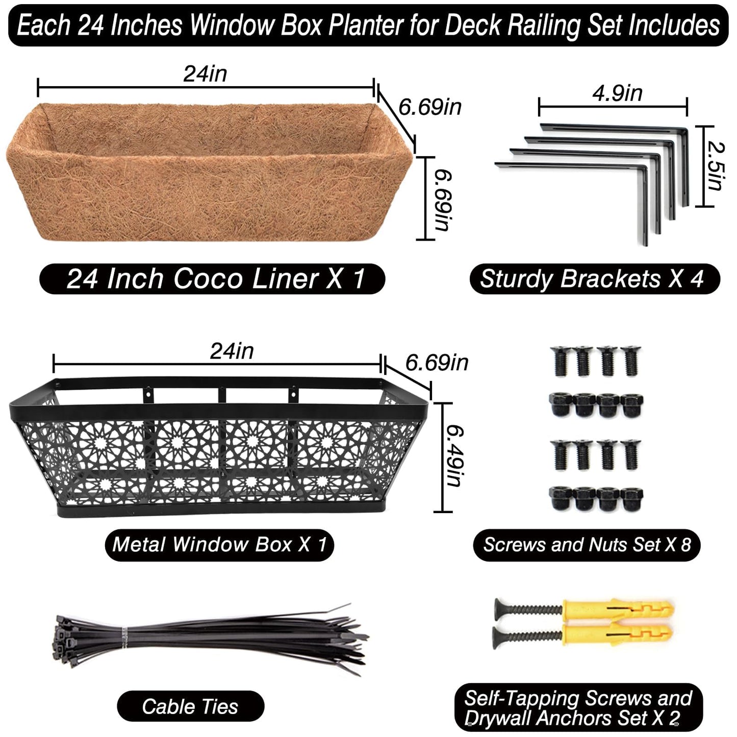 Halatool Railing Window Balcony Deck Planter Boxes Outdoor, 2 Pack 24 Inch Metal Heavy Duty Planter Boxes with Coco Liner for Windowsill Fence Porch Patio Lawn