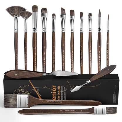 Oil Paint Brush Set, 15Pcs Fuumuui Professional Paint Blending Brushes Natural Badger Bristle with Flat, Fan, Angle, Round, Filbert for Acrylic Oil Painting with 2pc Palette Knife