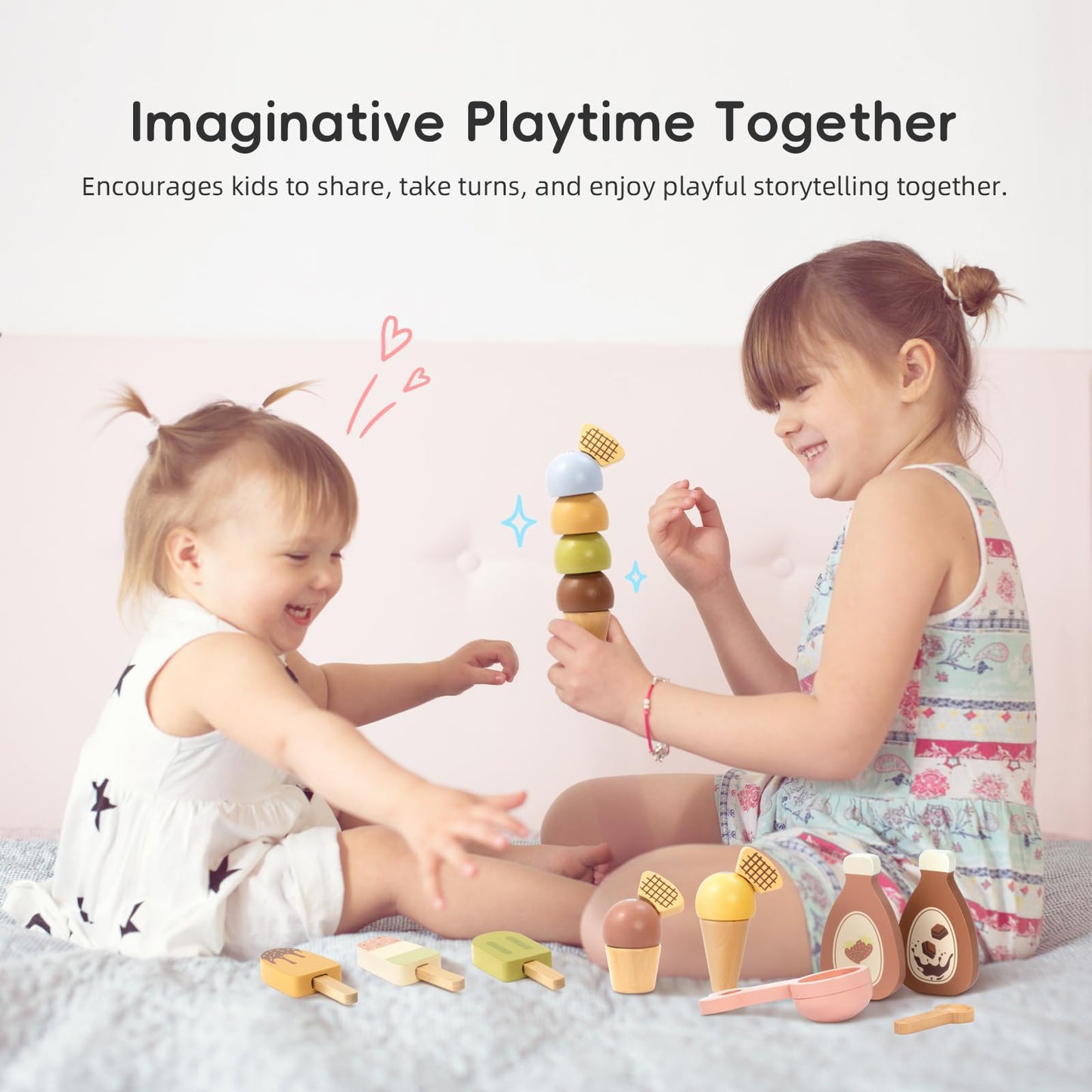 OOOK Wooden Ice Cream Cart for Kids, Ice Cream Truck Toy with Scooper & Wheels, Play Kitchen Accessories for Pretend Play with Menu & Pretend Money, Imaginative Preschool Toys for Girls & Boys 3+