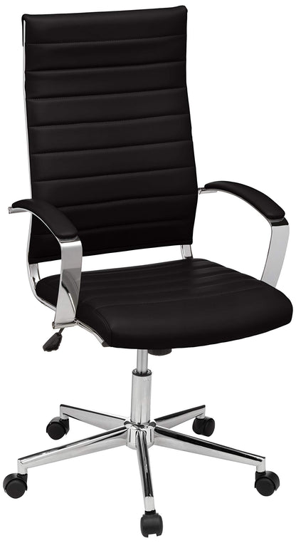 Amazon Basics High-Back Swivel Office Chair with Lumbar Support, Ergonomic Ribbed Faux Leather, Adjustable Height, 45.25" x 24.75" x 23.25", Black