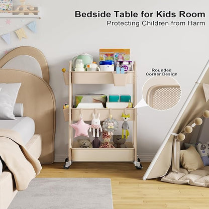 Beige 3 Tier Rolling Cart Metal on Wheels, Three Tiered Storage Organizer Utility Trolley with Wheels for Art, Craft, Baby Diaper Caddy, Snack, Book, Nail, Lash, Cleaning Supplies, Kitchen, Bathroom