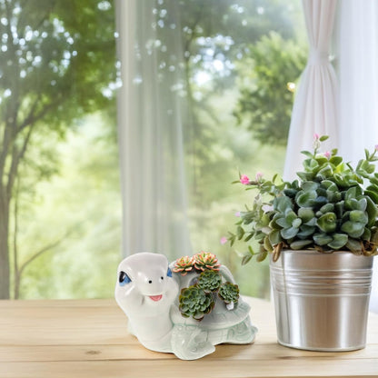 Housoutil Ceramic Animal Succulent Planter Pot Small Cute Turtle Shape Porcelain Mini Manual Planter for Indoor Desk Decoration