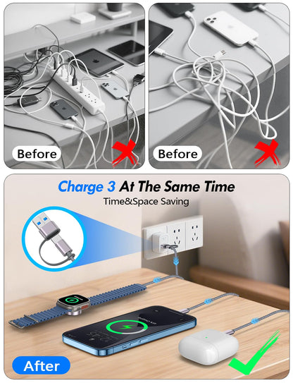 2Pack Multi Fast Charging Cable for Travel Vacation Essentials,iPhone 17 Charger,Apple Watch Charger,3-in-2USB A/Type C/Lightning Cable for iWatch,iPhone 17-11,Nintendo Switch,Airpods,Home,Office-4FT