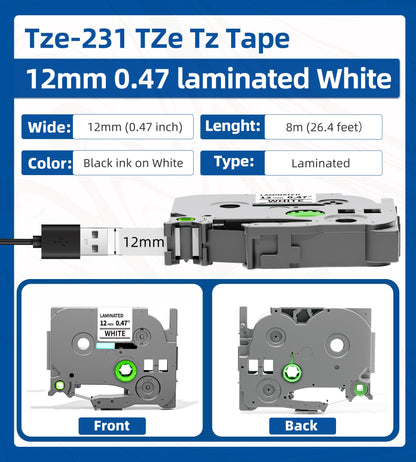 Replace for Brother P-Touch Label Tape 12mm 0.47" Laminated White TZ Tape TZe-231 TZe231 Compatible with Brother Ptouch Label Maker PT-D210 PTH110 PTD220 PTD410, 6-Pack