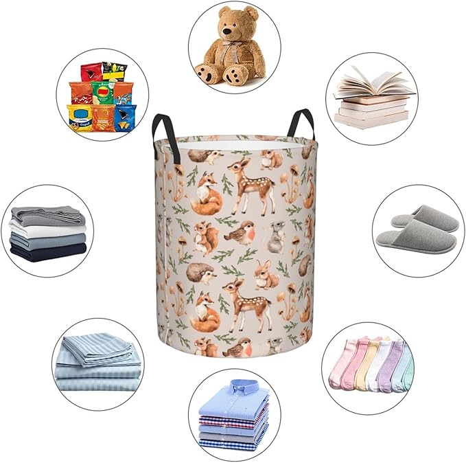Forest Little Animal Laundry Hamper Bag, Deer Squirrel Hedgehog Fox Round