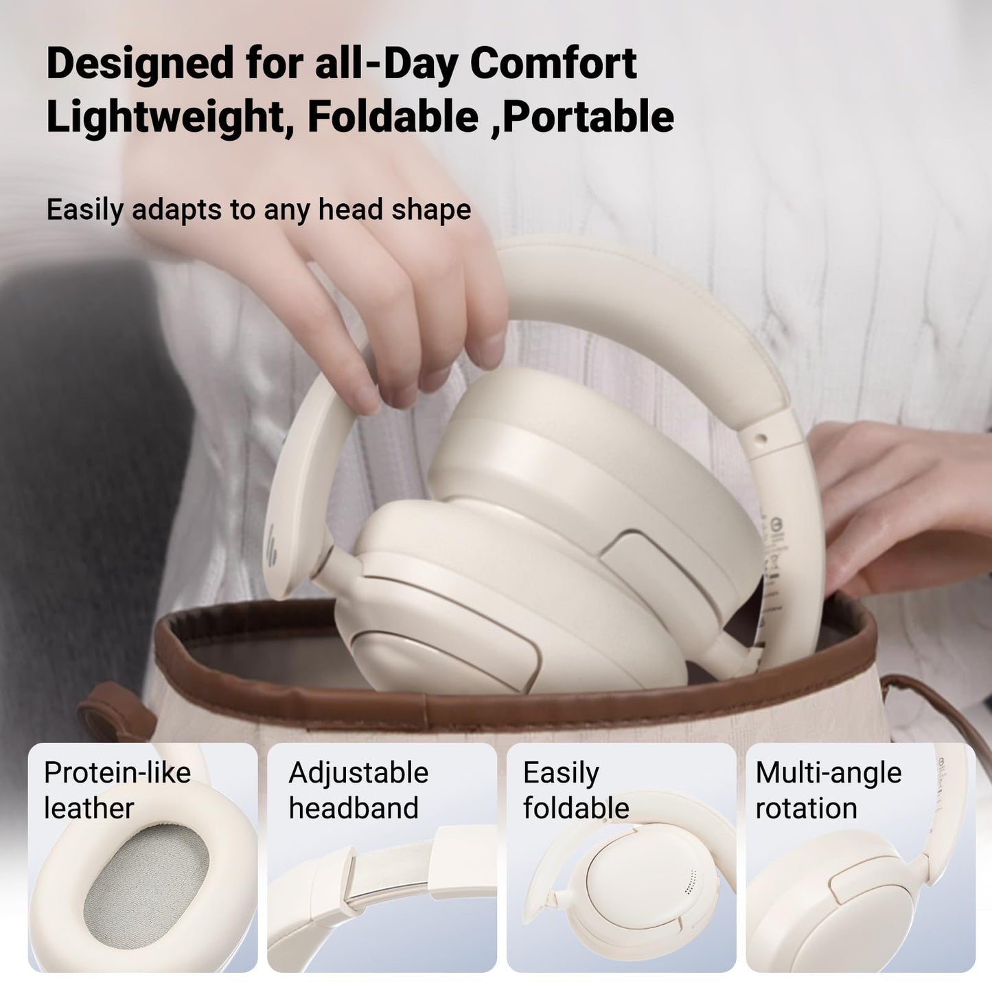 Edifier V80 Hybrid Active Noise Cancelling Headphones, True Wireless Over Ear Bluetooth Headset with 45H Playtime Hi-Res Audio Fast Charging Multipoint Connection for Travel Home Office - Ivory