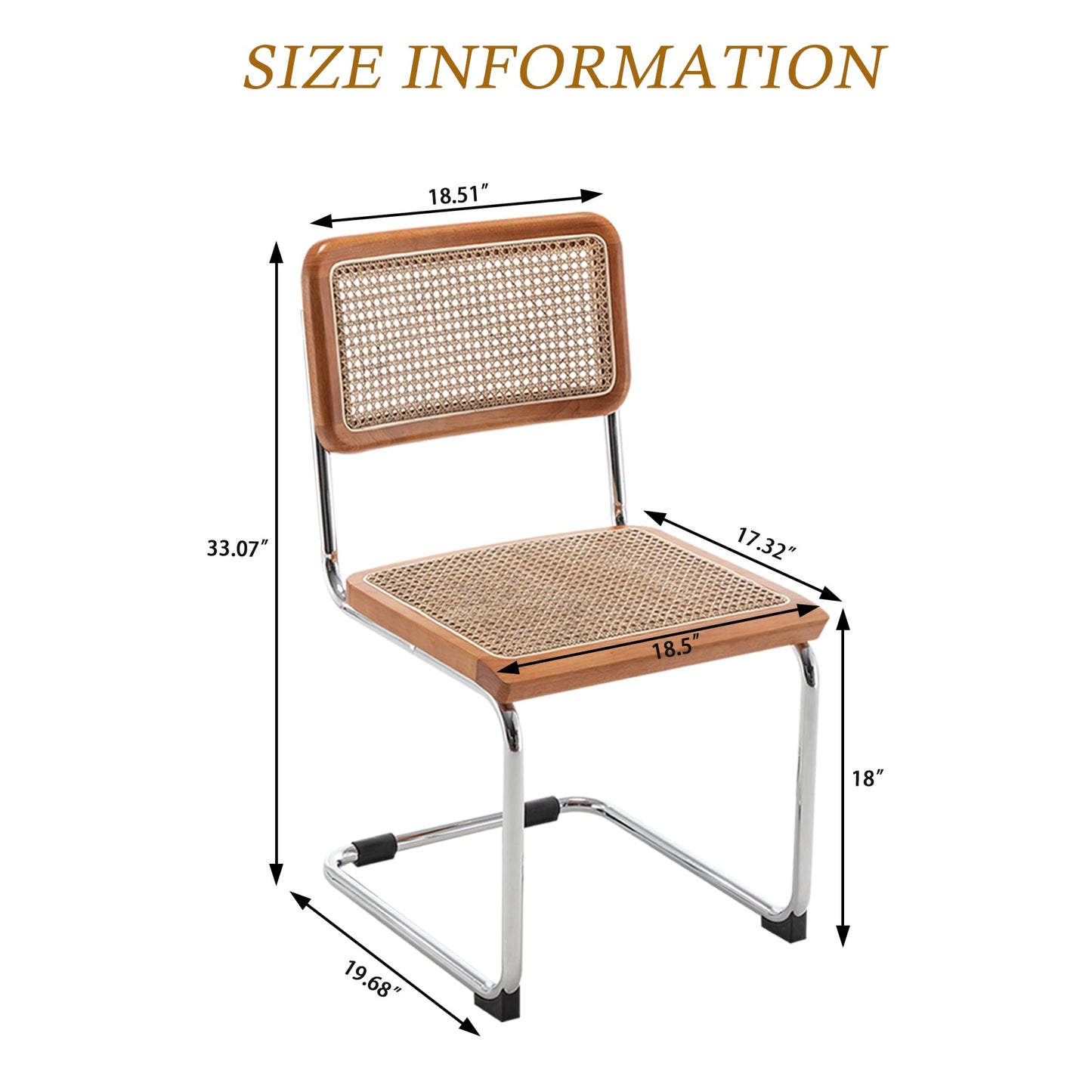 Alunaune Modern Mid Century Dining Chairs Set of 2, Upholstered Natural Rattan Kitchen Chairs Accent Chair, Armless Side Chairs with Metal Chrome Legs for Bedroom Living Room-Brown