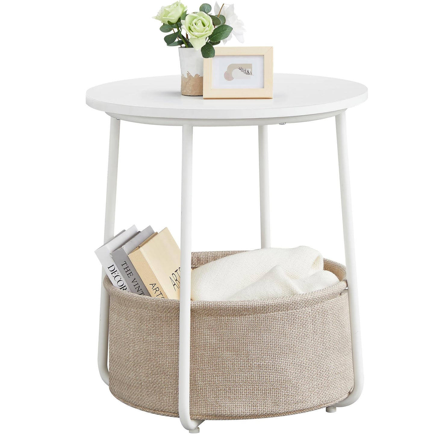VASAGLE LILEA Collection - Small Round Side End Table, Modern Nightstand with Fabric Basket, Matte White and Camel Brown ULET223W10