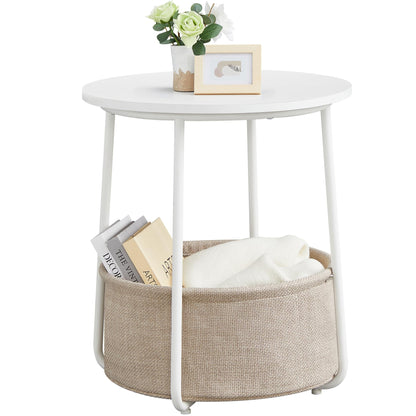 VASAGLE LILEA Collection - Small Round Side End Table, Modern Nightstand with Fabric Basket, Matte White and Camel Brown ULET223W10