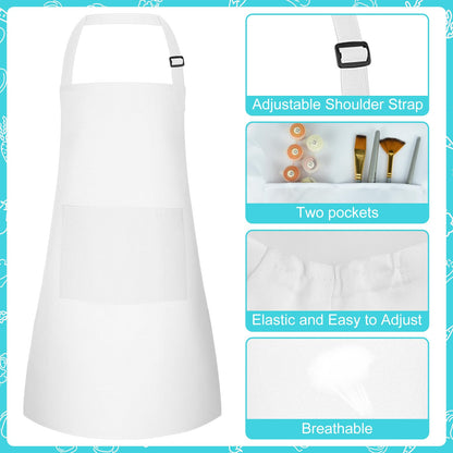 Bouiexye 5 Set Kids Apron and Chef Hat Set Children Apron Adjustable with 2 Pockets Children Chef Painting for Cooking Baking Painting Crafts Making (White
