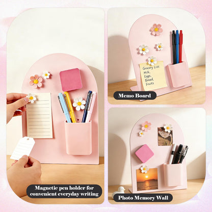 2 Pcs Magnetic Bulletin Board for Tabletops with 4 Flower Magnets, Magnetic Pen Holder, 10x7 Inch Memo Display Easel Stand Photo Display Board, Home School Office Kitchen Table Supplies