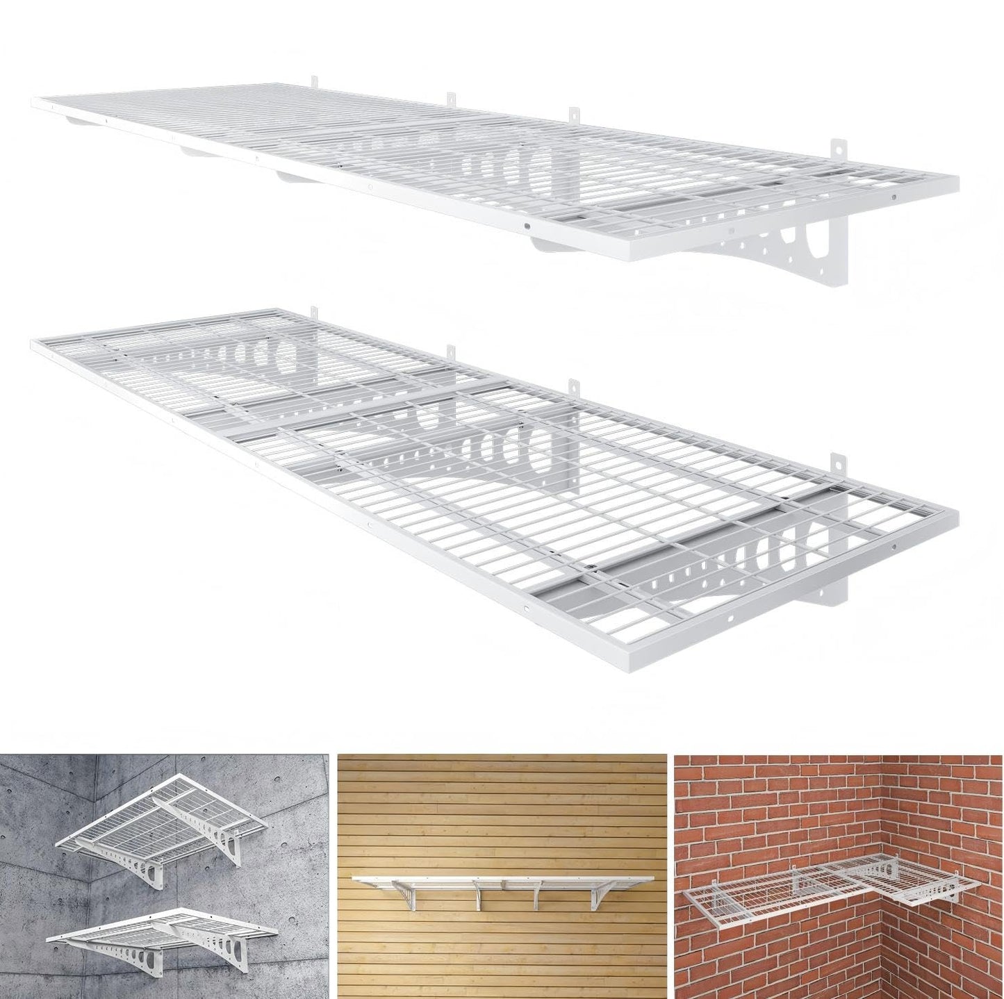 Diumvi 4-Pack 2×3ft(24×36 inch) Garage Wall Shelving, 1000 lbs Load Capacity, Garage Wall Mounted Shelves, Heavy Duty Shelf with Hooks, White