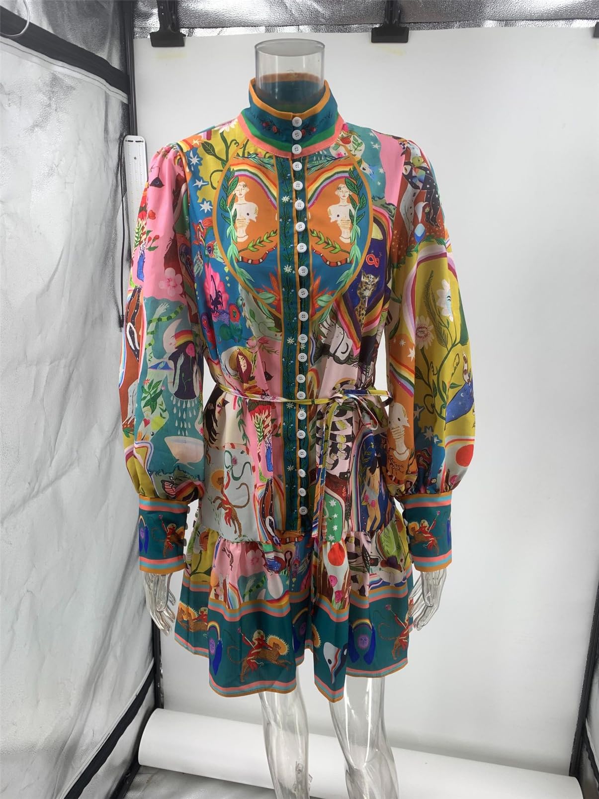 Qikaka Women's Long Puff Sleeve Turtleneck Printed Button Bodycon Sexy Nightclub Party Blouse Dress Medium