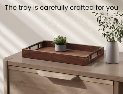 Fibogollo Walnut Wood Serving Tray with Metal Handles,15x10in Ottoman Decorative Trays Platter for Coffee Table,Living Room,Bar(Medium)