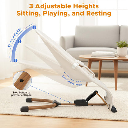 Portable Baby Bouncer, Bouncer Seat for Babies 0-12 Months, 3 Recline Positions, Foldable Baby Rocker Chair with Removable Wooden Bar, Beige