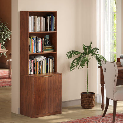 Hootata 71" Walnut Bookcase with Doors, 5 Tier Fluted Tall Bookshelf with Storage, Librero with Cabinet for Home Office, Living Room,or Bedroom