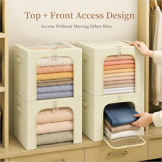 GoMaihe Clothes Storage Bins with Metal Frame, 40L Sweater Storage Boxes for Above Shelf Closet, 4 Pack Stackable Clothing Storage Organizer with Clear Window for Jeans Hoodies T-shirt – Beige