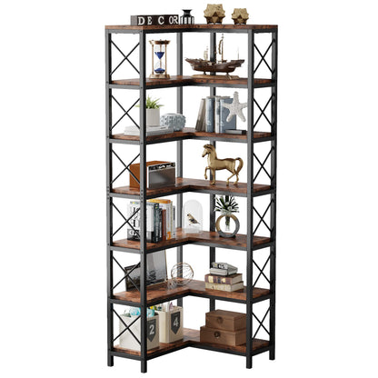 Tribesigns 7-Shelf Corner Bookshelf,Large Modern Corner Bookcase, 7-Tier Tall Corner Shelf Storage Display Rack with Metal Frame for Living Room Home Office (Rustic Brown)
