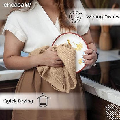 Encasa XO Kitchen Dish Towels Set | Beige | Waffle Weave and Flat Hand Tea