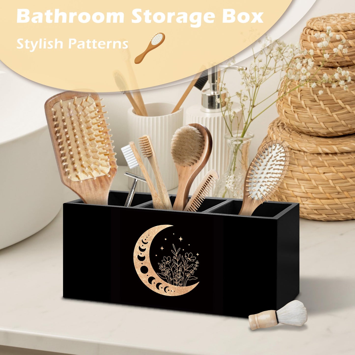 ANIANG Witchy Floral Moon Pen Holder Organizer Desk Decor, Witchy Room Decor, Boho Black Gold Celestial Crescent Moon Phase Wooden Pen Pencil Holders for Home Office Desk Accessories