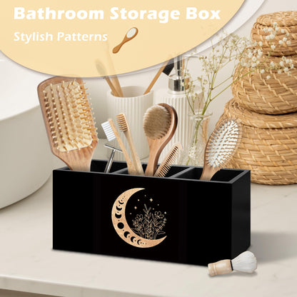 ANIANG Witchy Floral Moon Pen Holder Organizer Desk Decor, Witchy Room Decor, Boho Black Gold Celestial Crescent Moon Phase Wooden Pen Pencil Holders for Home Office Desk Accessories