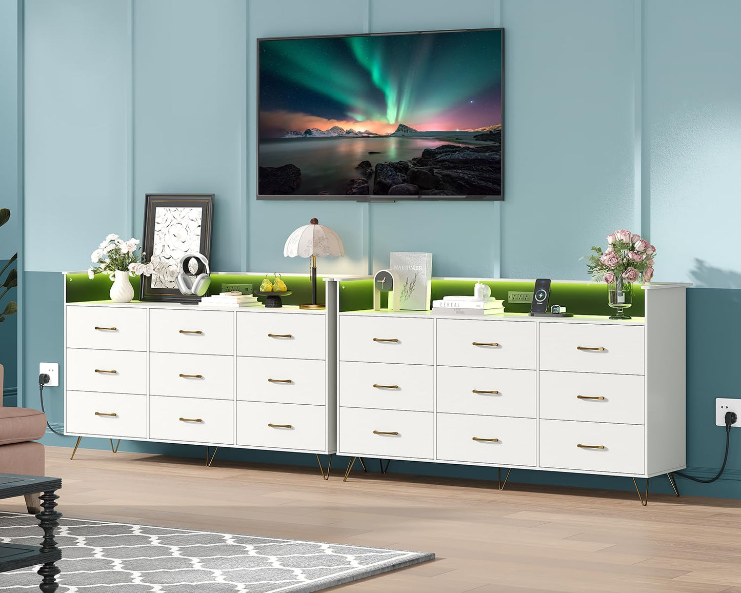 Tall 9-Drawer TV Stand Dresser with RGB Lights & Charging Station, Modern Wooden Storage Chest for Bedroom, 3 Outlets & 2 USB Ports, Large Closet Organizer, Black, 36.6" w x 62.8" h x 16.7" d