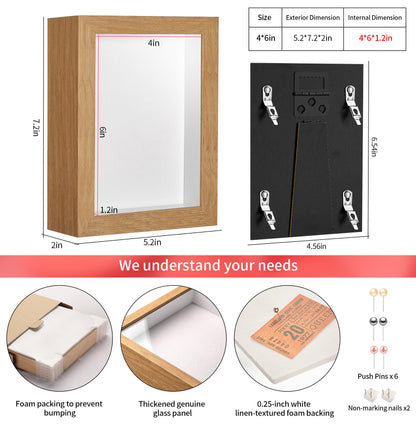 MUXIUNT 4x6 Shadow Box Picture Frame Display Case with Soft Linen Back-Real Glass,Small Mini Wood Color Deep Shadow Box Frame 4x6 for Insect Medal Display Pet Photo Memorial Flower Craft