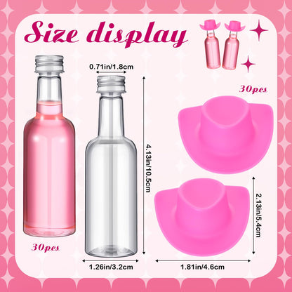 Baderke 30 Packs 1. 7 oz Mini Liquor Bottles with Caps and Mini Cowboy Hats Plastic Shot Bottles with Cap and Cowgirl Hat for Birthday Wedding West Cowboy Bachelorette Party