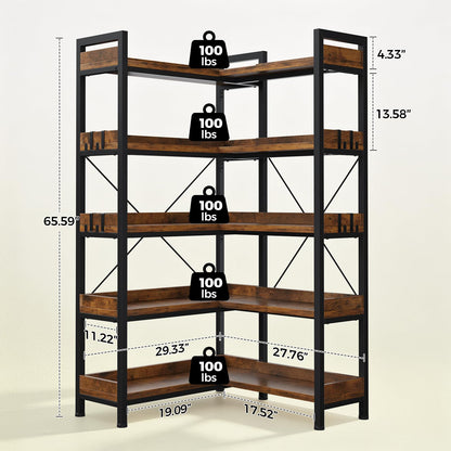 GTPLAYER 5-Tier Corner Bookshelf, L-Shaped Metal Frame Shelf with Tall 14" Shelves, Plant Stand and Storage Rack for Small Spaces, Living Room and Home Office, Brown
