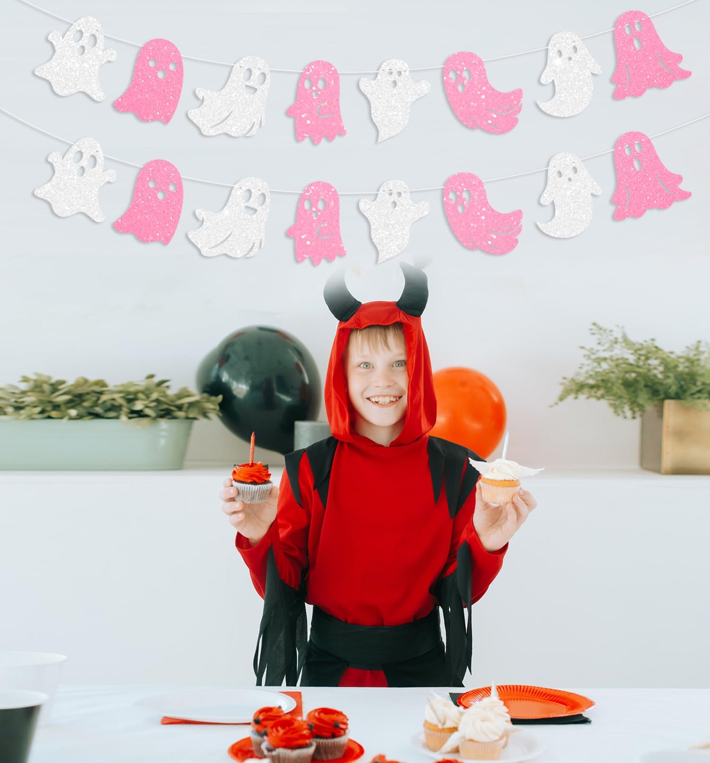 JKQ 3 Pack Glitter Halloween Ghost Banner White Pink Glittery Happy Halloween Party Ghost Hanging Decorations for Haunted Houses Indoor Outdoor Home Wall Mantle Fireplace Mansion Party Supplies