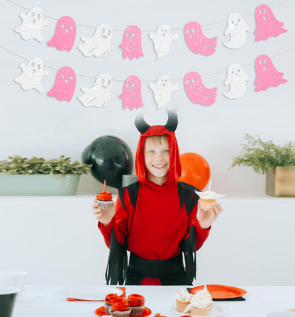 JKQ 3 Pack Glitter Halloween Ghost Banner White Pink Glittery Happy Halloween Party Ghost Hanging Decorations for Haunted Houses Indoor Outdoor Home Wall Mantle Fireplace Mansion Party Supplies
