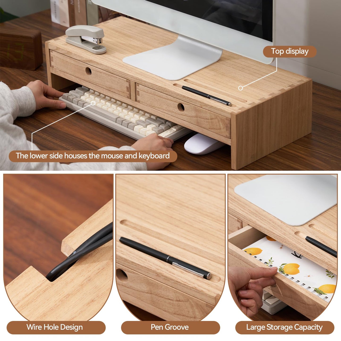 KIRIGEN Wood Monitor Stand with 2 Drawers, Solid Wood Computer Monitor Riser for Desk, Desktop Organizer Shelf with Cable Management, Pen Slots, Natural, No Assembly PMJ-NA