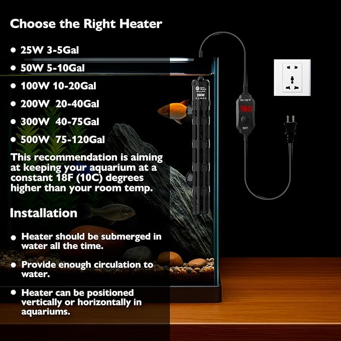 AquaMiracle Submersible Aquarium Heaters, 300W Fish Tank Heater with LED Digital Temp Display, Dry-Run Auto Power-Off & Overheat Protection, for Freshwater and Saltwater Tanks (40-75 Gal)