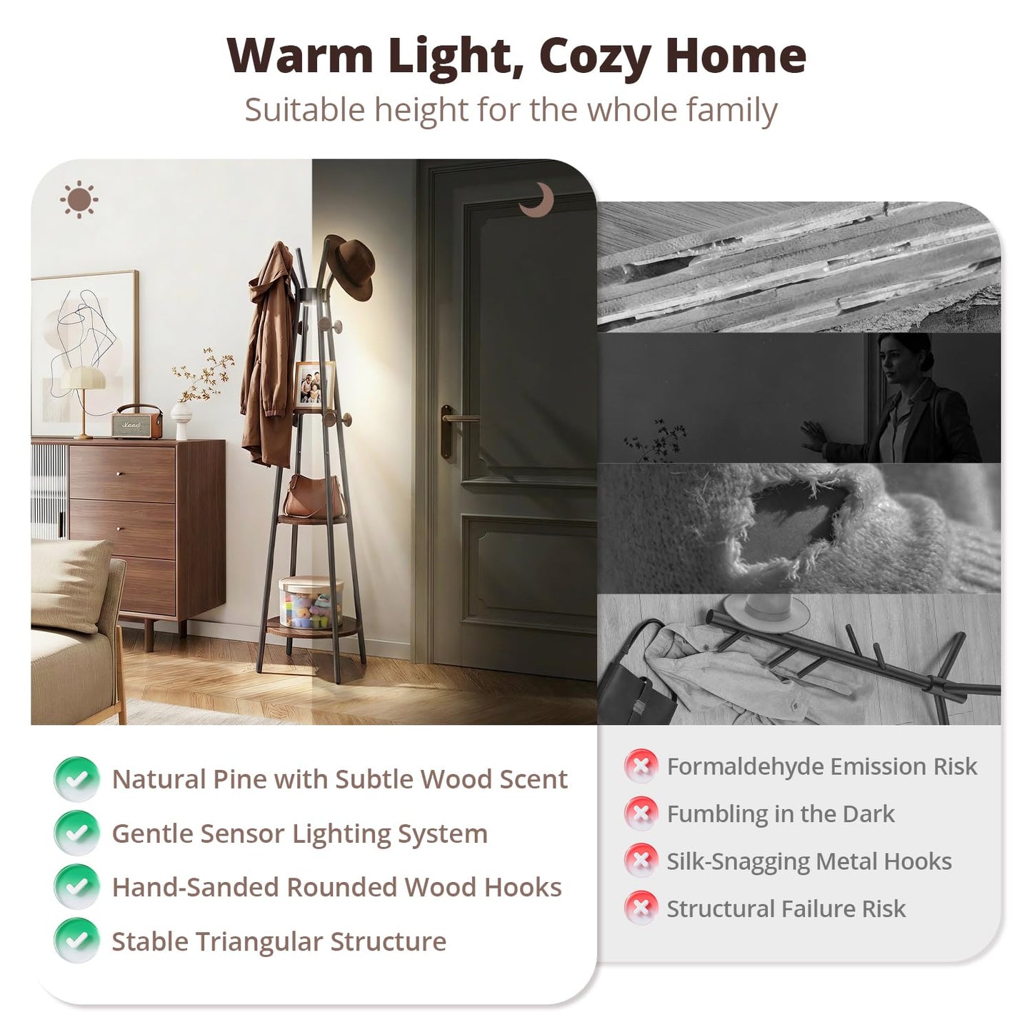 young master Coat Rack, Freestanding Coat Rack with 3 Shelves and 12 Hooks, Coat tree with Motion Sensor Light for Entryway, Livingroom, Hall Tree Free Standing for Coats, Scarves, Handbags, Black