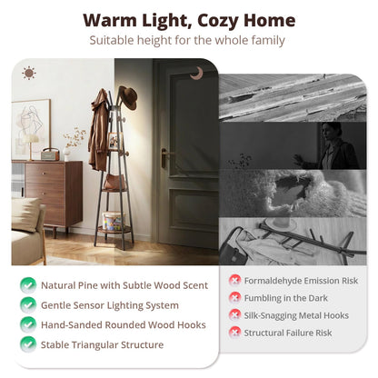young master Coat Rack, Freestanding Coat Rack with 3 Shelves and 12 Hooks, Coat tree with Motion Sensor Light for Entryway, Livingroom, Hall Tree Free Standing for Coats, Scarves, Handbags, Black