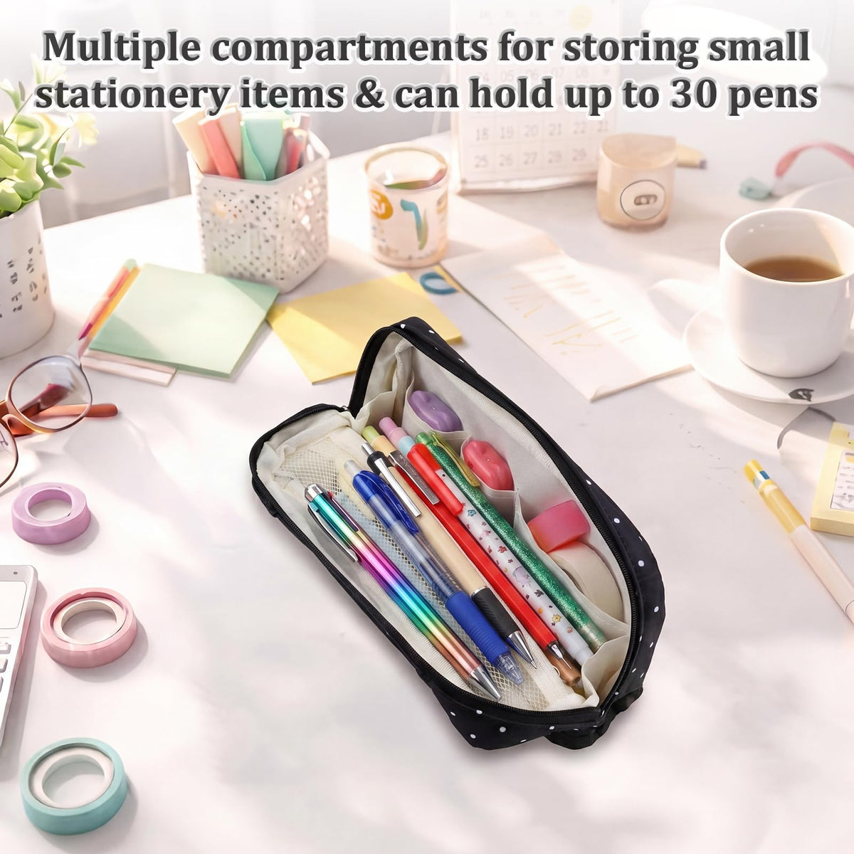 Gueevin Large Capacity Pencil Case Polka Dot Pen Pouch with Multiple Compartments Foldable Portable Pencil Case Black White Stationery Organizer Bag for Adults (Black)