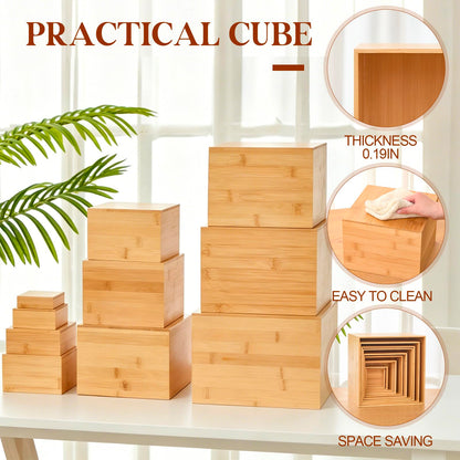 Fiwochic 10 Pcs Bamboo Buffet Risers, 9.8'' 8.8'' 7.9'' 6.9'' 5.9'' 4.9'' 4'' 3'', Large Food Risers for Buffet Table, Cake Display Stand Cube Box for Wedding Party Catering Dessert Jewelry Home Decor