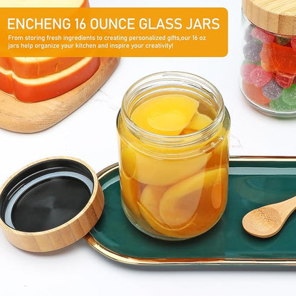 16oz Glass Jars with Lids, Overnight Oats Containers with Bamboo Lids, Wide Mouth Glass Mason Jar Food Storage Containers for Salad,Yogurt,Meal Prep,6 Pack