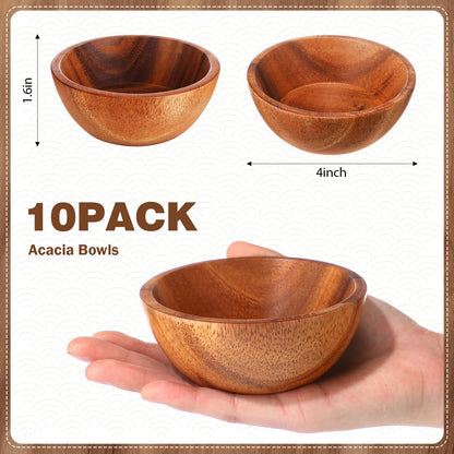 LOYIM 10 Pcs Acacia Wood Small Bowls 4 * 1.6 Inch 8 oz Hand Carved Round Wooden Salad Kitchen Mini Bowls Calabash Dip Tray Charcuterie Accessories for Serving Dipping Condiments Sauce Salsa Candy Nuts