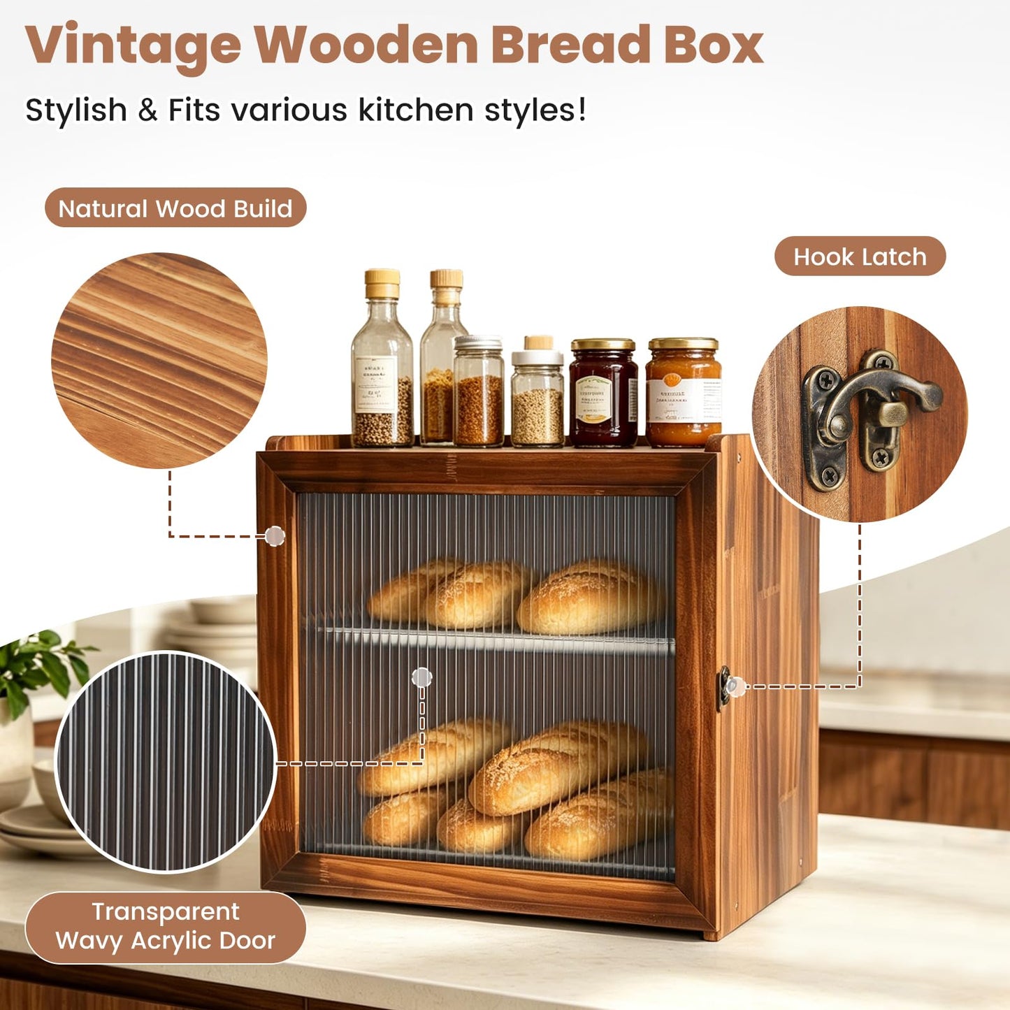 Keeswin 2-Layer Wooden Bread Box for Kitchen Countertop with Removable Tray