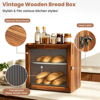 Keeswin 2-Layer Wooden Bread Box for Kitchen Countertop with Removable Tray