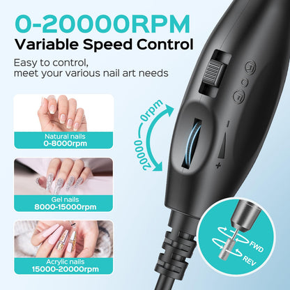 COSLUS Electric Nail Drill File Professional: for Acrylic Gel Dip Powder Nails Portable Nail Machine Kit Manicure Pedicure Tools Polishing Set with Nail Drill Bits Sanding Bands