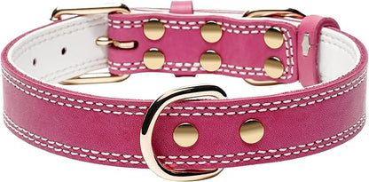 Dog Collar,Genuine Leather Heavy Duty Dog Collar for Small, Medium,Large and Extra Large Dogs (L: 1.2" Wide for 16.2"-22" Neck,Dual Stitch - Pink)